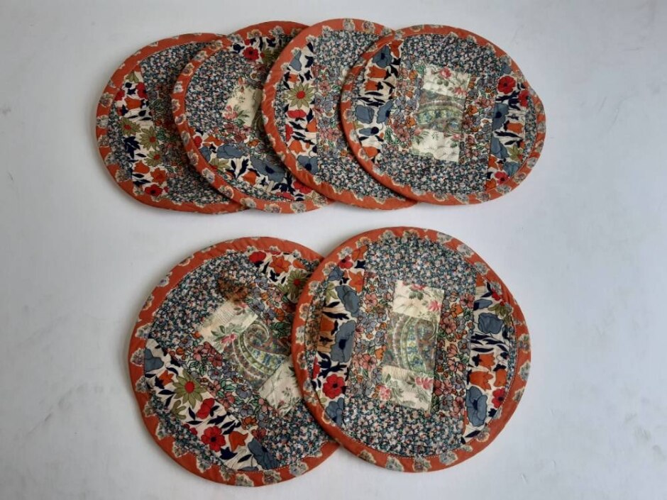 Six Vintage Patchwork Placemats In Mostly Liberty Fabric, Exceptionally Well Made