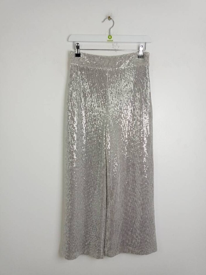 Zara Small Sequin Wide Leg Trousers Silver Size: S