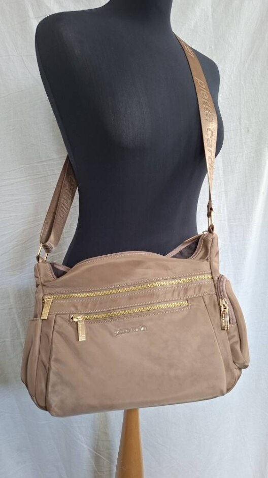 Pierre Cardin Brown Tote Travel Shoulder Crossbody Bag Nylon Handbag Medium Preloved