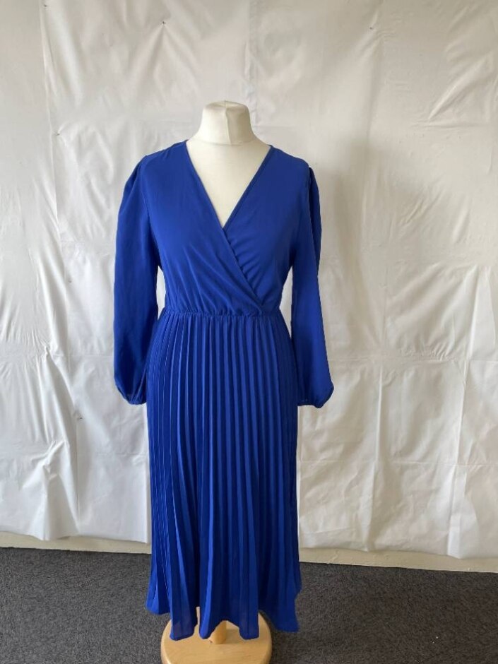 Miss Floral Dress With Pleated Skirt Royal Blue Size: L