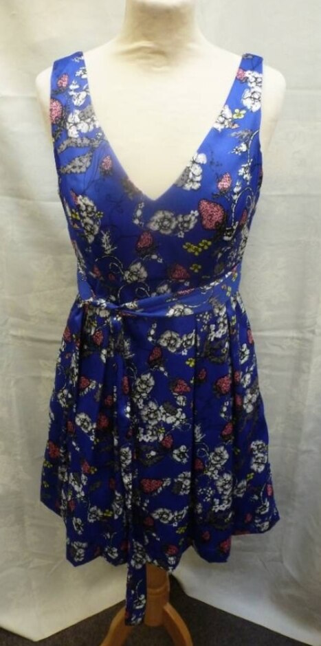 Monsoon Fusion Boned Bodice Satin Dress Blue Pink Size: 10