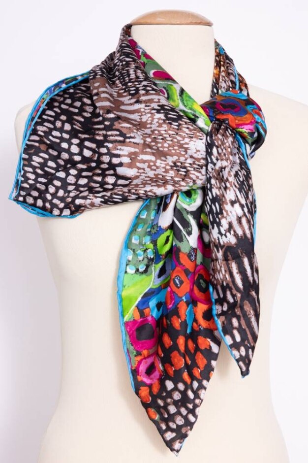 Excitingly Vibrant Multi-coloured Square Silk Scarf Approximately 84 Cms X 84 Cms.