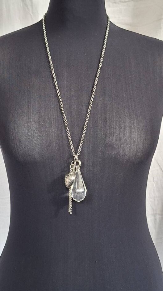 Silver Colour Long Clear Crystal/heart Pendant Necklace Preloved