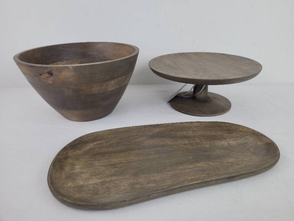 M&s Home Wooden 3pcs Bundle Bowl Cake Stand Plate Natural