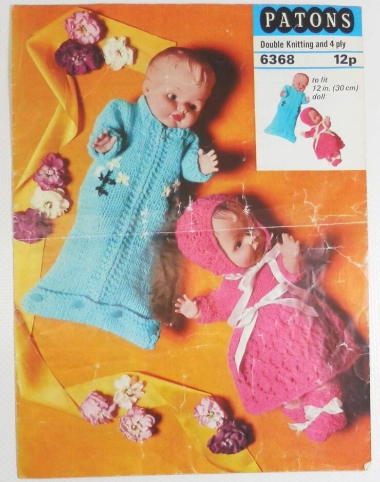 Paton's Vintage Knitting Pattern Doll's Delight: Sleeping Bag, Dress, Bonnet And Bootees 6368