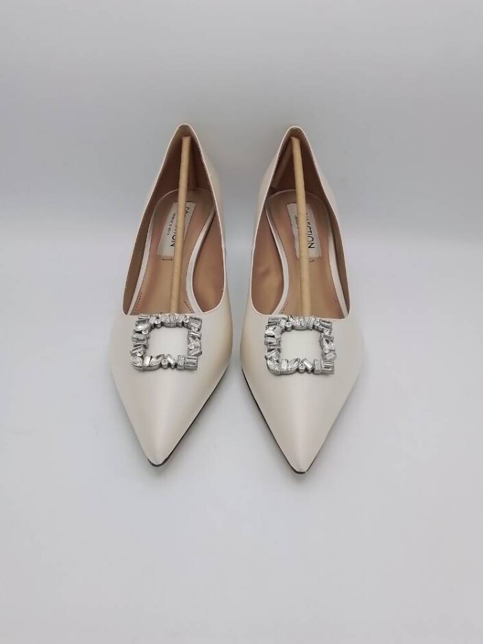 Charles & Keith Ever Satin Gem-embellished Kitten Heel Pumps - Cream Size 7