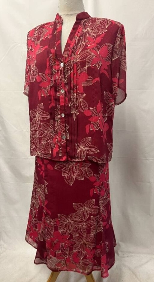 Eastex Flowery Blouse & Skirt Co-ord Red Mix Size: 18