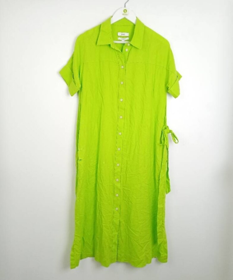 Marks & Spencer Linen Rich Belted Shirt Dress Lime Green Size: S