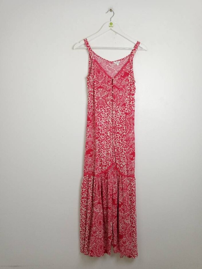 Monsoon Beach V Neck Buttoned Summer Dress Pink Patterned Size: S