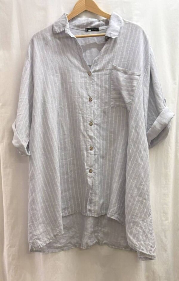Italian Pinstripe Oversize Relaxed Linen Shirt Blouse Lilac White Size: L