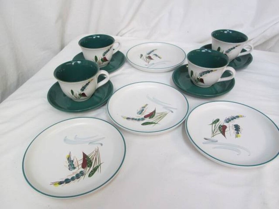 Vintage Denby Greenwheat Four Trios Plate Cup And Saucers