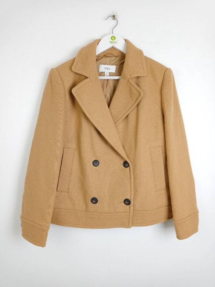 M&s Marks & Spencer Wool Blend Short Coat Butterscotch Size: 10