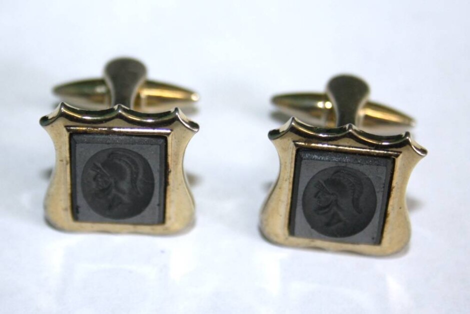 Vintage Stratton Hematite Intaglio Gold Toned Shield Cuff Links