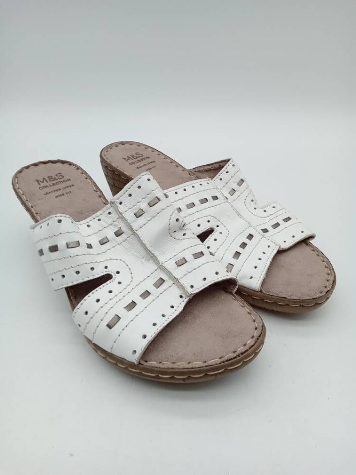 M&s Leather Wedged Sandals Size 5 Wide Fit White