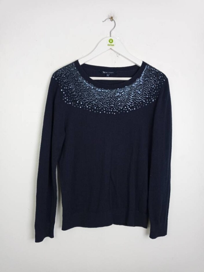 Crew Clothing Women's Sequin  Embellished Cotton Rich Jumper Navy Size: 14