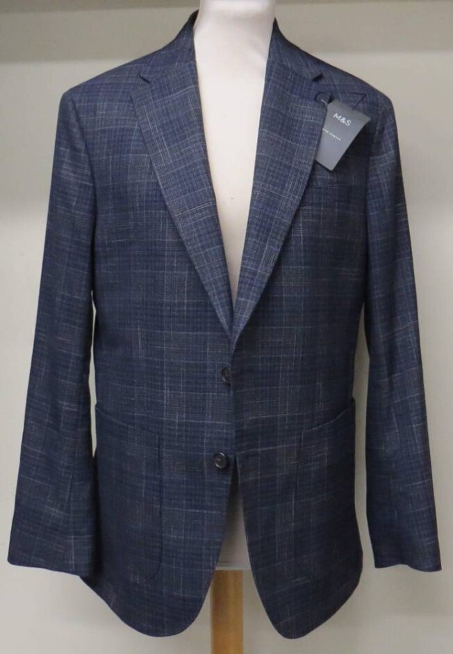 M&s Marks & Spencer Check Pattern Suit Jacket Blue Grey Size: M