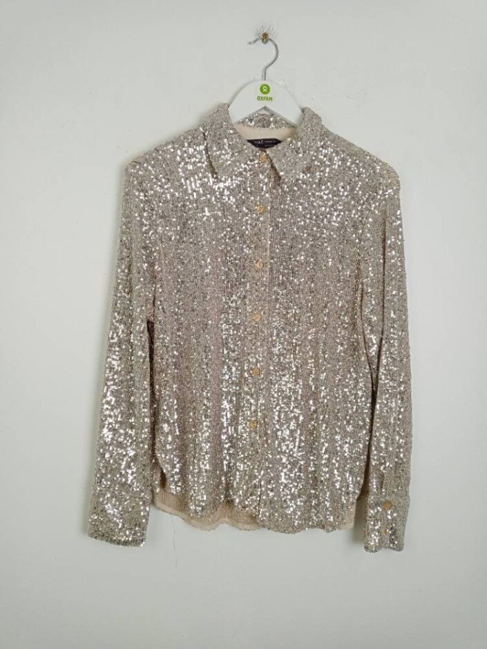 M&s Marks & Spencer Sequin Long Sleeve Shirt Champagne Size: 12