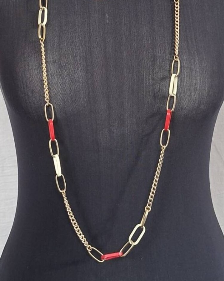 Long Gold Colour Necklace With Red & Cream Interlocking Loops Preloved