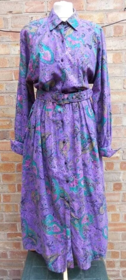 Vinatge 80's Mandy Marsh Paisley Print Shirtdress Purple & Multi Size: 14