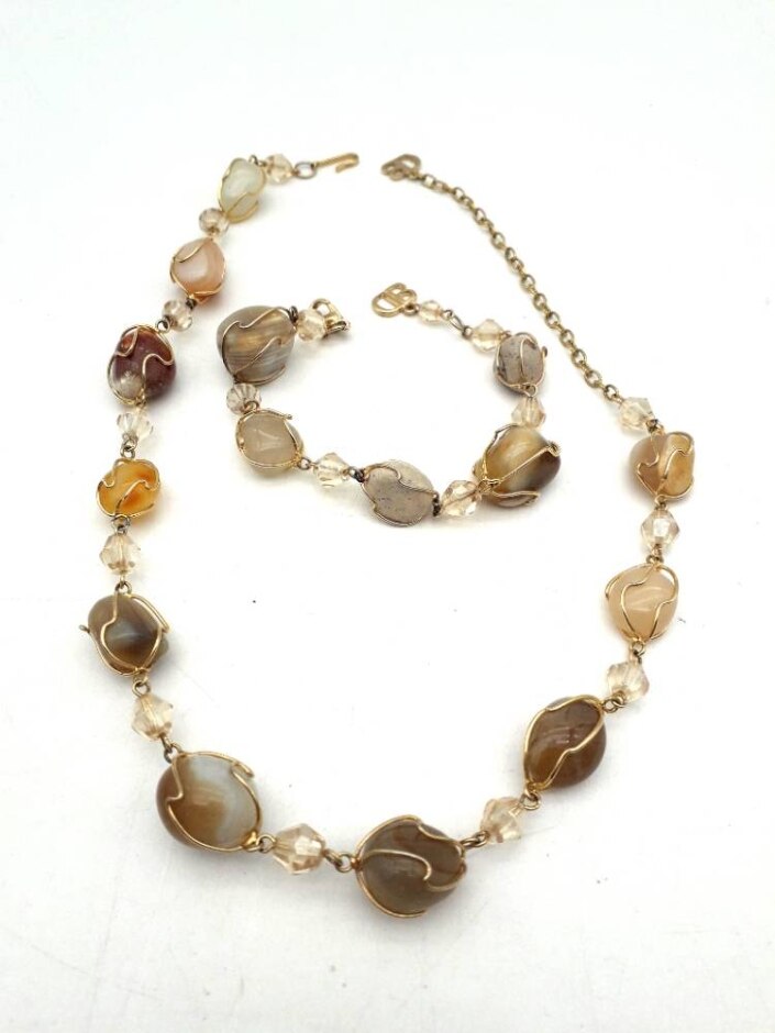Evita Peroni Costume Jewellery Set Real Stone Gold Tone Necklace Bracelet