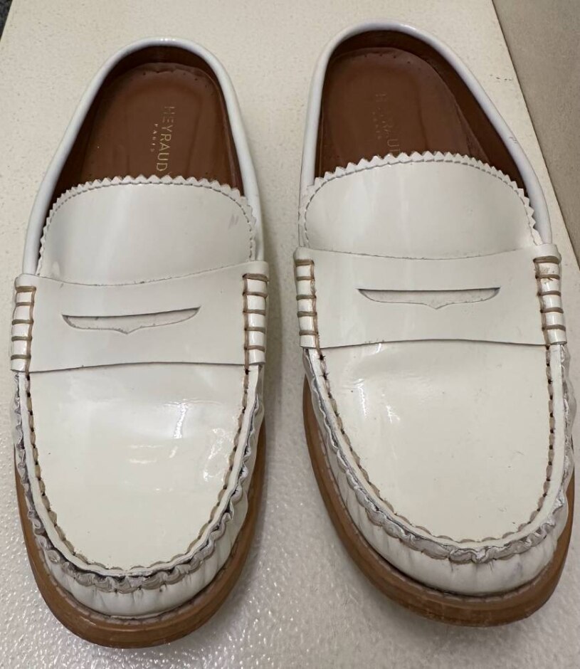 Heyraud White Shiny Flat Slip On Loafer Style Mules Size 37.5
