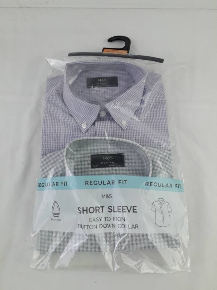 M&s Men's Short Sleeve 2pcs Shirts Size 14.5cm Collar Purple Grey Size: One Size