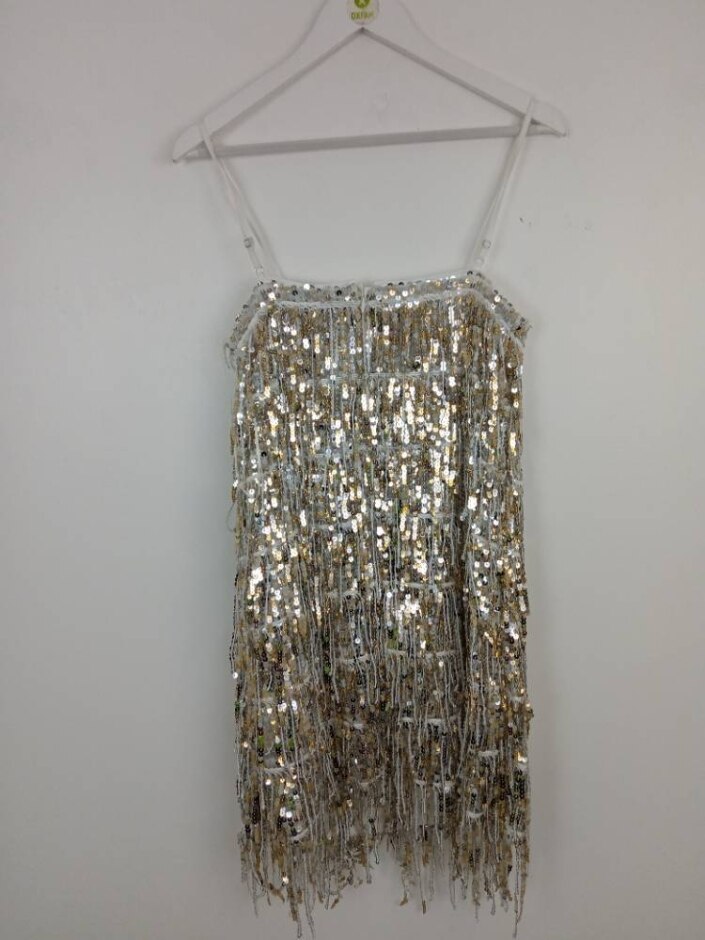 M&s Women's Sequin Square Neck Fringed Shift Dress New Silver Size: 8