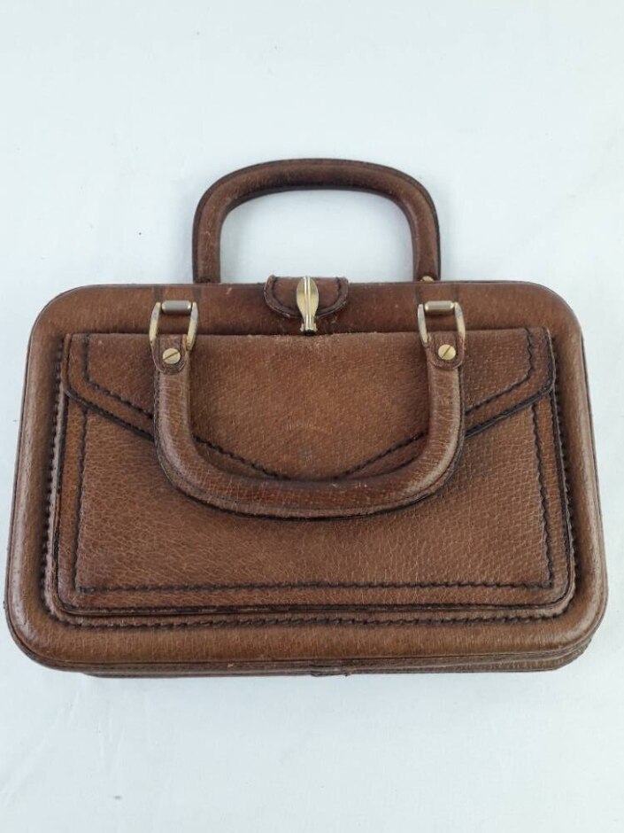 Valigeria Vintage Leather Handbag Brown Black Stitch Work Used