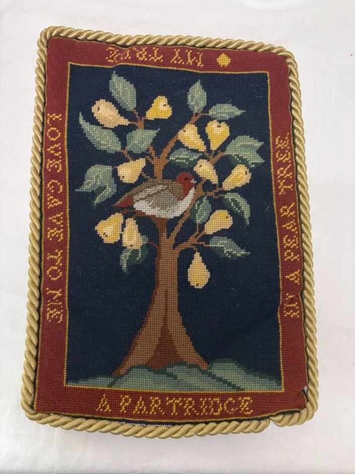 Vintage Hand Stitched Needlepoint Cushion Cover Partridge In A Pear Tree