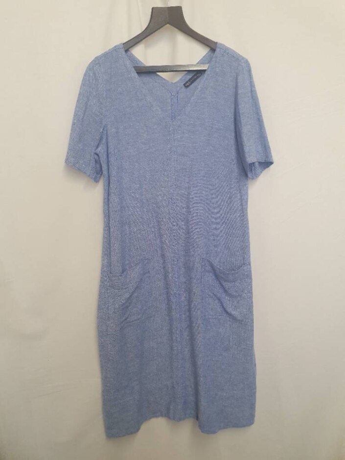 M&s Linen Mix V-neck Midi Dress Blue Size: 10