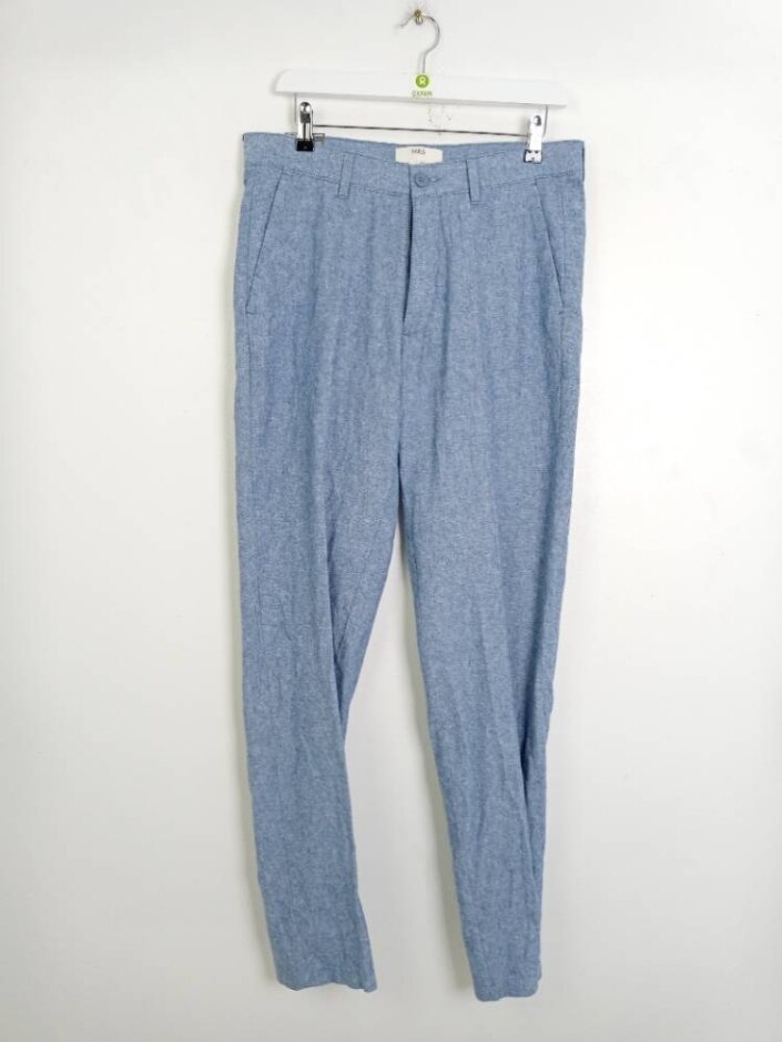 M&s Long  Linen Tailored Trousers Blue Mix Size: 32