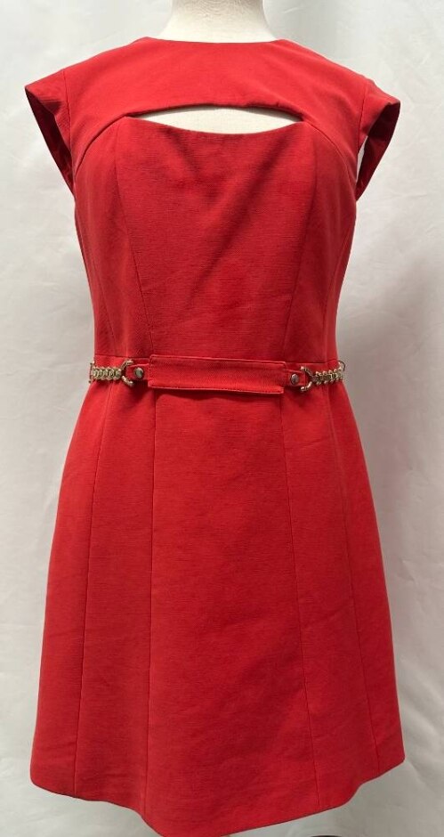 Karen Millen Cut Out Dress Gold Chain Belt Red And Gold Size: 12