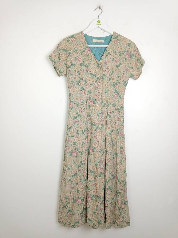 Gillian M Ford  Vintage Buttoned Floral Dress Sage Mix Size: Xs