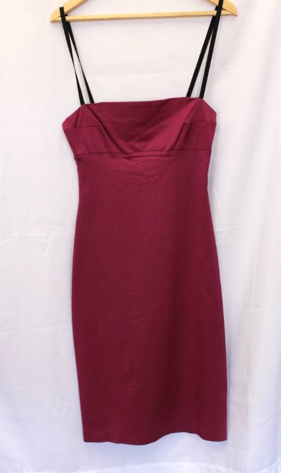 Giant Bodycon Mini Dress Black Shoestring Straps Fuschia Pink Size: M