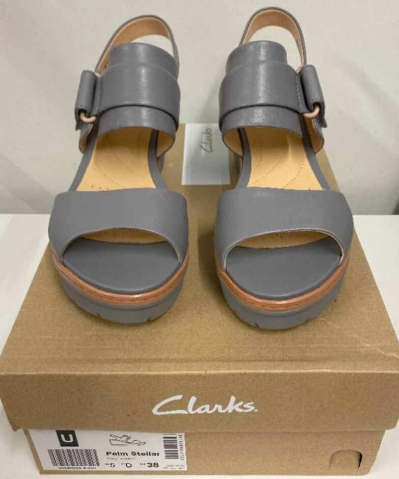 Brand New Boxed Clarks 'palm Stellar' Wedge Sandals In Grey Leather - Size Uk 5 Fit D