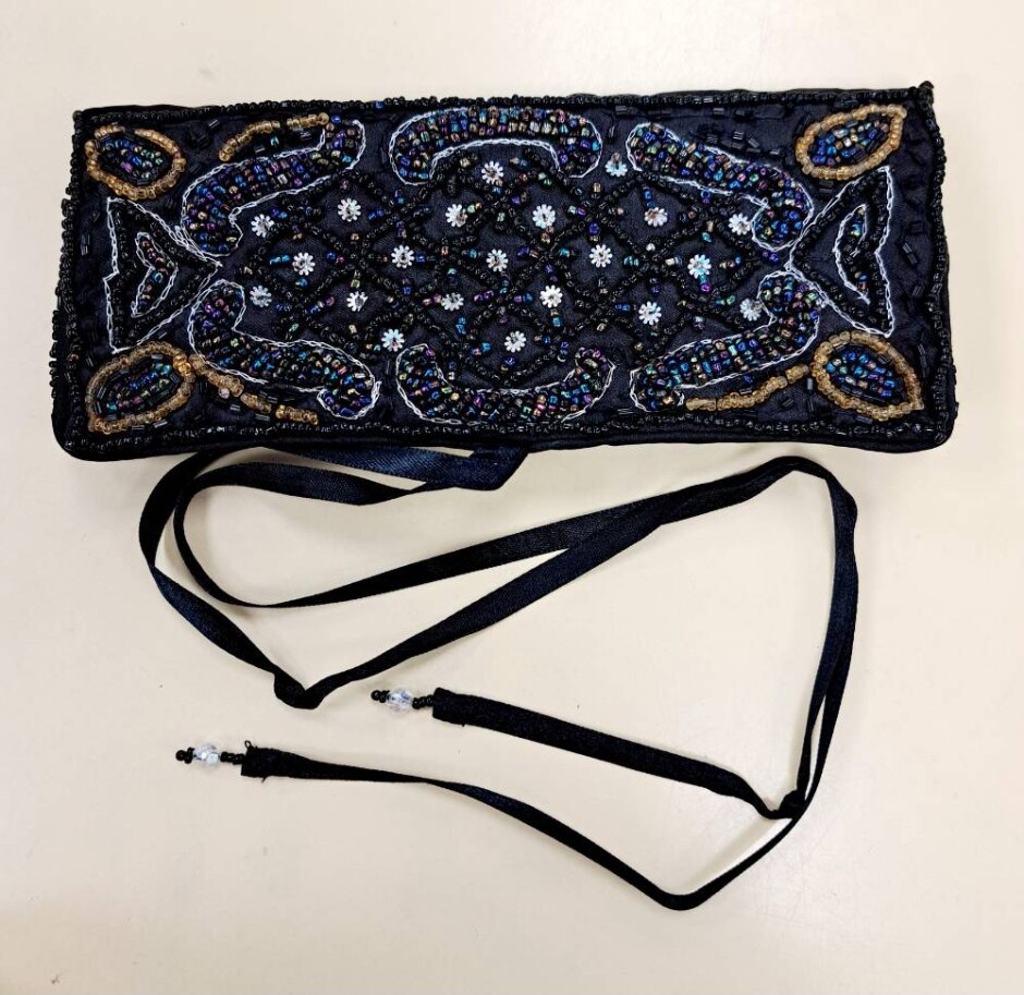 Vintage Beaded Black Satin Travel Jewellery Jewelry Wrap Pouch Purse