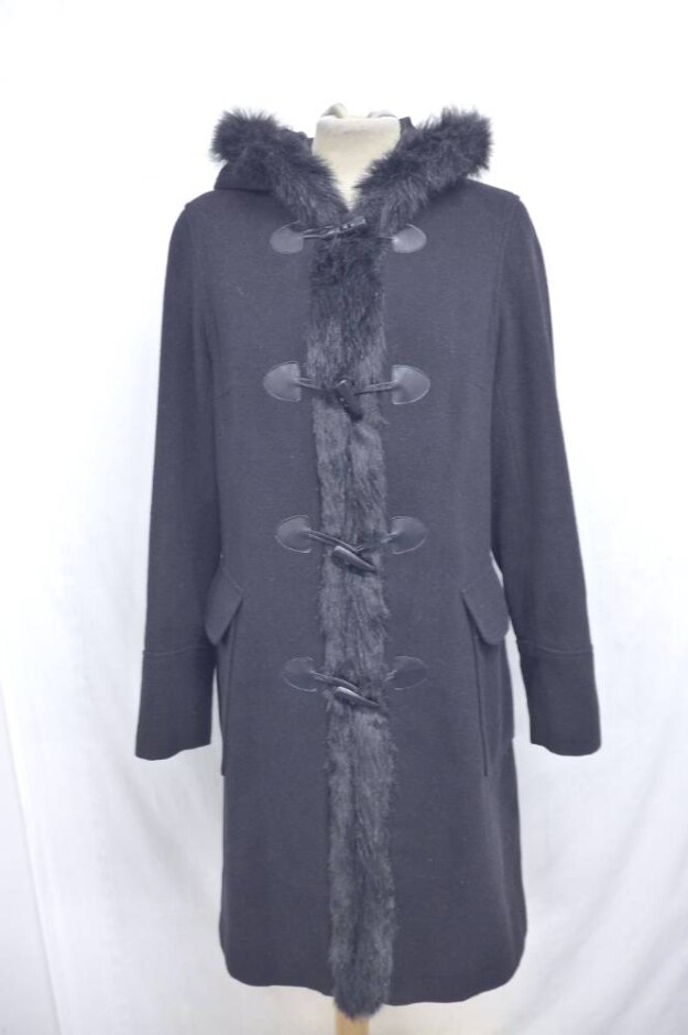 Laura Ashley Vintage Faux Fur Trim Duffle Coat Jet Black Size: 12