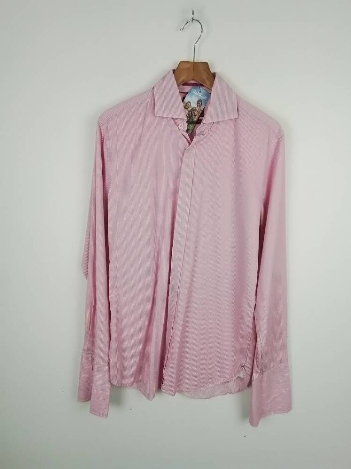 M&s Collection Men's Striped  Superior 2 Fold Shirt Pink & White Size: M