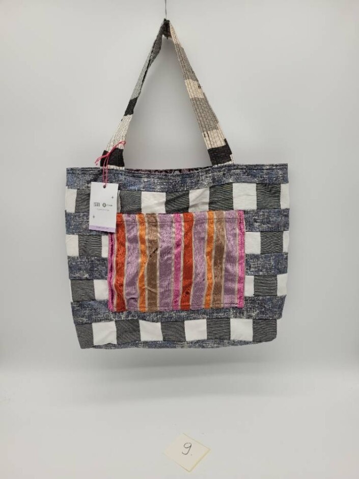 Oxfam X Loom Tote Bag Exclusive Upcycled Collection Grey Ivory Purple Stripe Velvet Pocket
