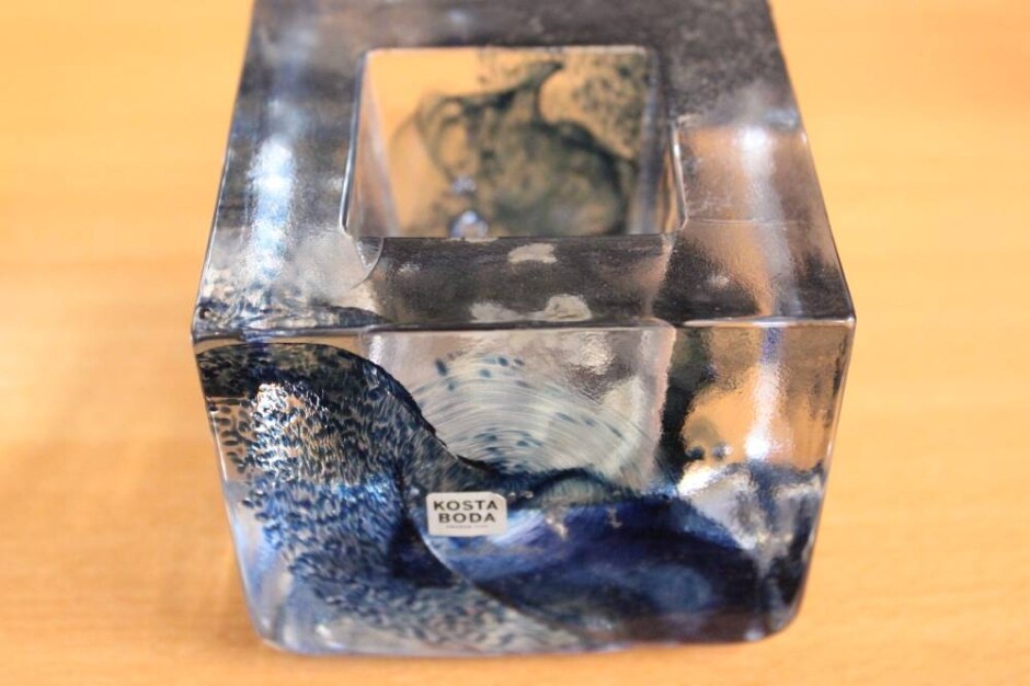 Kosta Boda Brick Votive Blue Glass Tea Light Holder