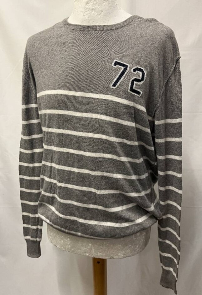 Vintage No Label Motif Striped Fine Knit Jumper Grey Size: L