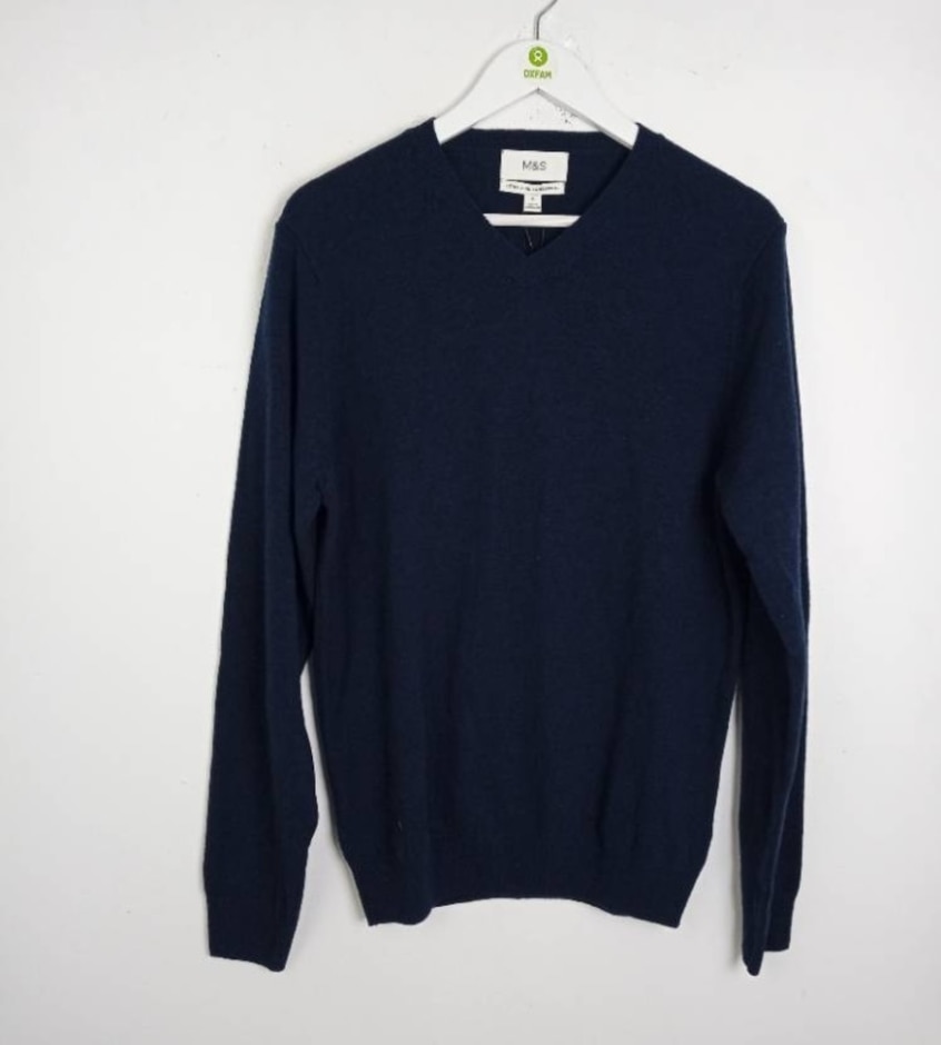 M&s Marks & Spencer Pure Lambswool V Neck Jumper Navy Size: M
