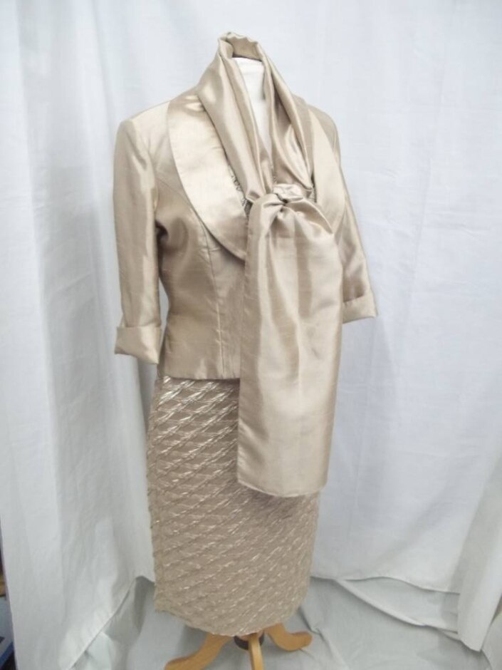 Gino Cerruti Dress, Jacket & Scarf Pale Gold Size: M