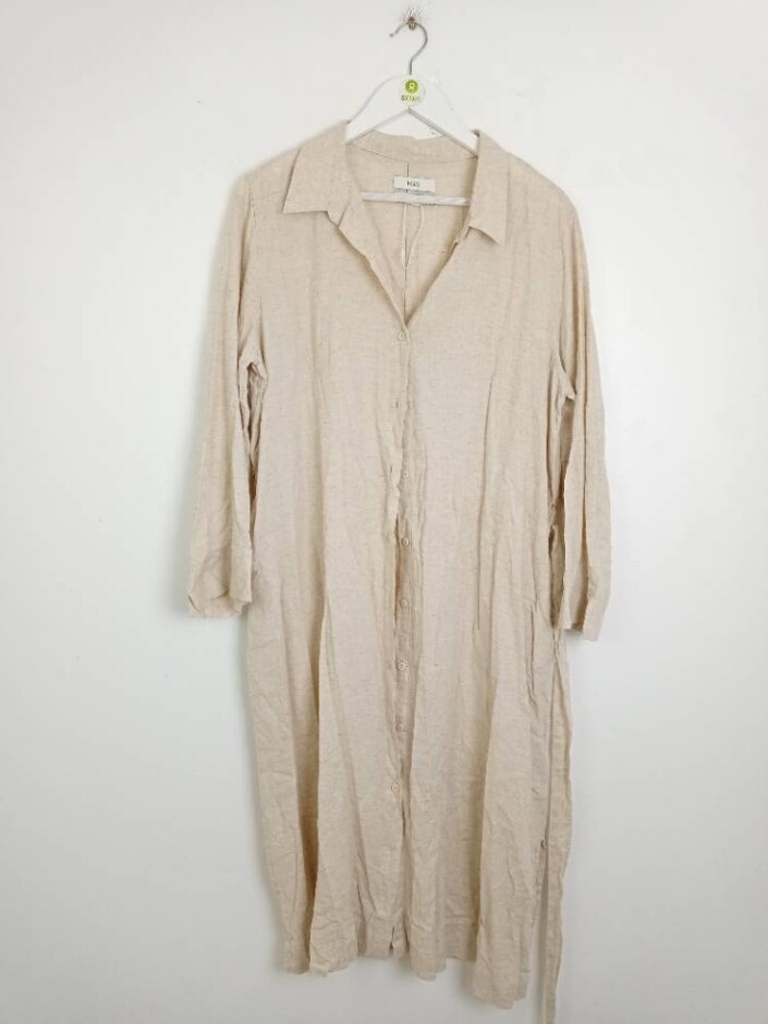 M&s Marks & Spencer Linen Blend Midi Shirt Dress Beige Size: L