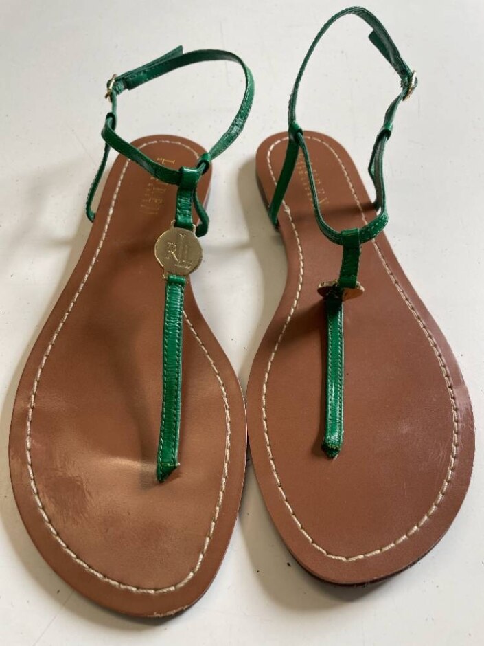 Green Strap Gold Coin Flip Flop Sandals - Ralph Lauren Size 7