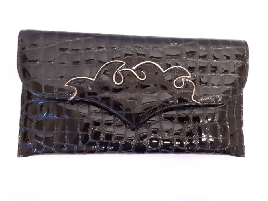 Renata Italy Black Clutch Bag Croc Embossed In Box V. Good Condition