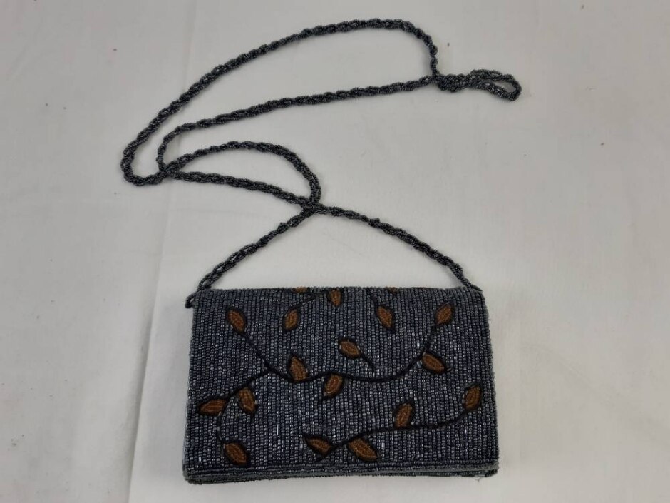 Beaded Leaves Clutch Bag Evening Handbag Braided Strap Grey