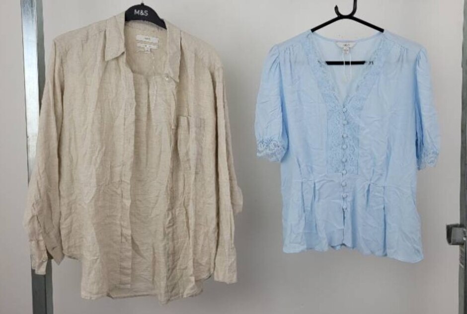 M&s New Women's Linen Shirt & Lace Detail Blouse 2xbundle Blue/calico Size: 12