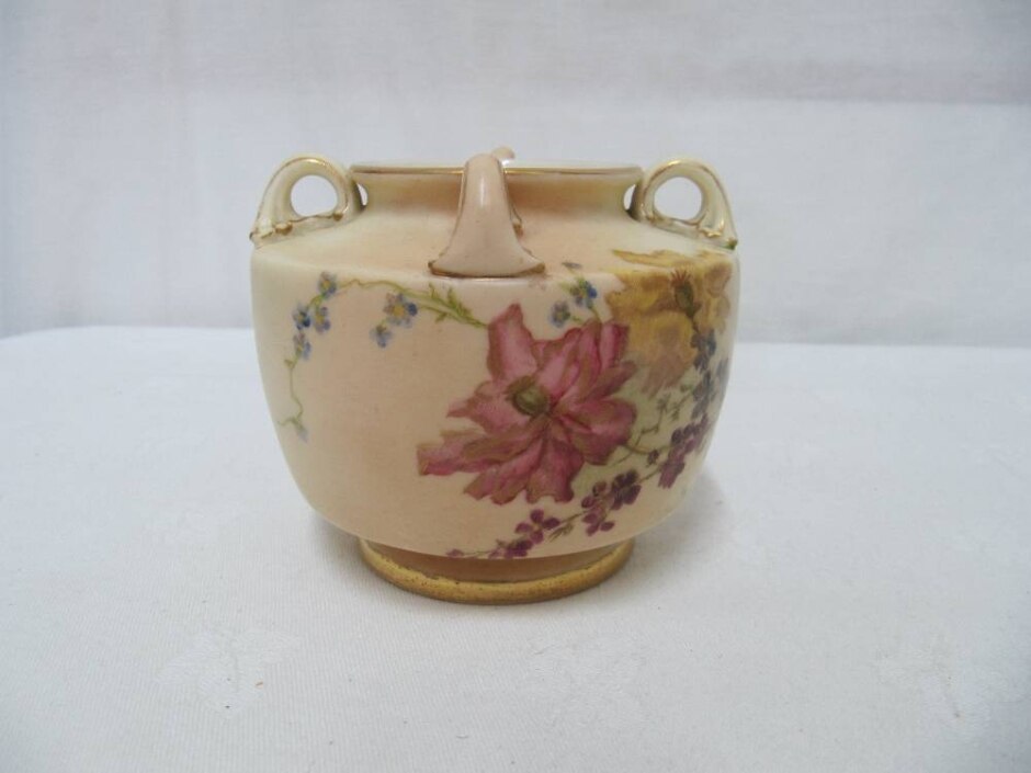 Vintage Royal Worcester Blush Ivy Range Gilded Four Handled Small Vase 3 Inches High.