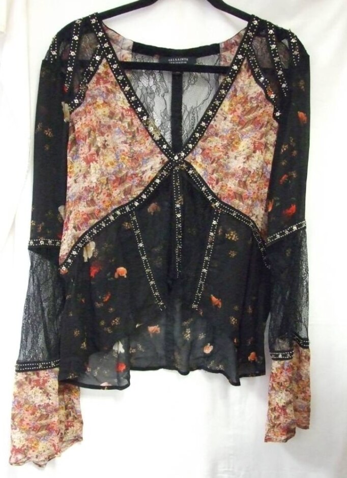 All Saints Long Sleeve V Neck Lacy Top Black & Pink  Size: 16